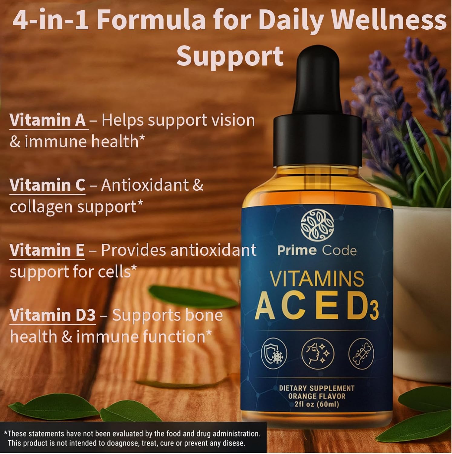 Prime Code Vitamin A Líquido con Vitaminas C, E y D3 - Complemento Alimenticio en Gotas, Sabor Naranja Natural