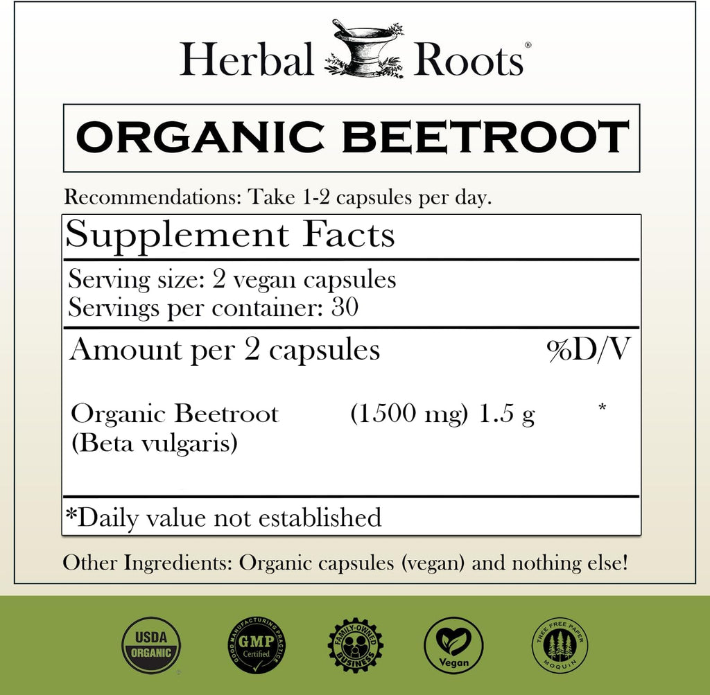 Herbal Roots Cápsulas de Remolacha Orgánica en Polvo (1.500 mg, 60 Cápsulas Veganas)