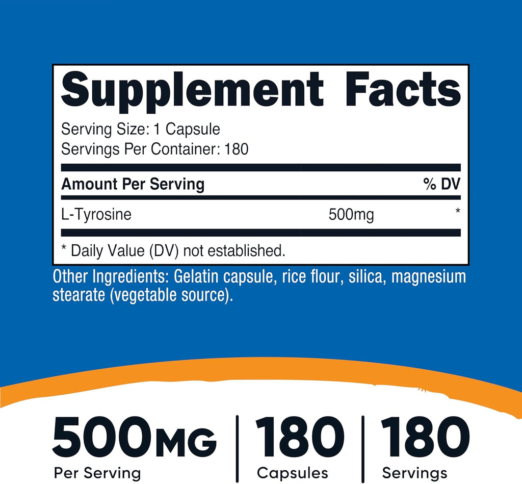Nutricost L-Tyrosine 500mg, 180 Cápsulas por Botella (2 Botellas)
