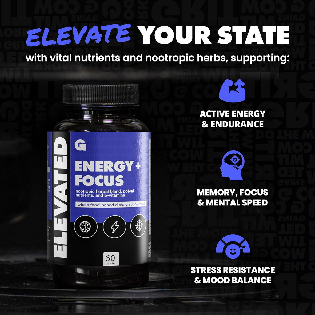 Gains in Bulk Elevated Nootropic Herbal Energy Suplemento Energético y de Enfoque, 60 Cápsulas
