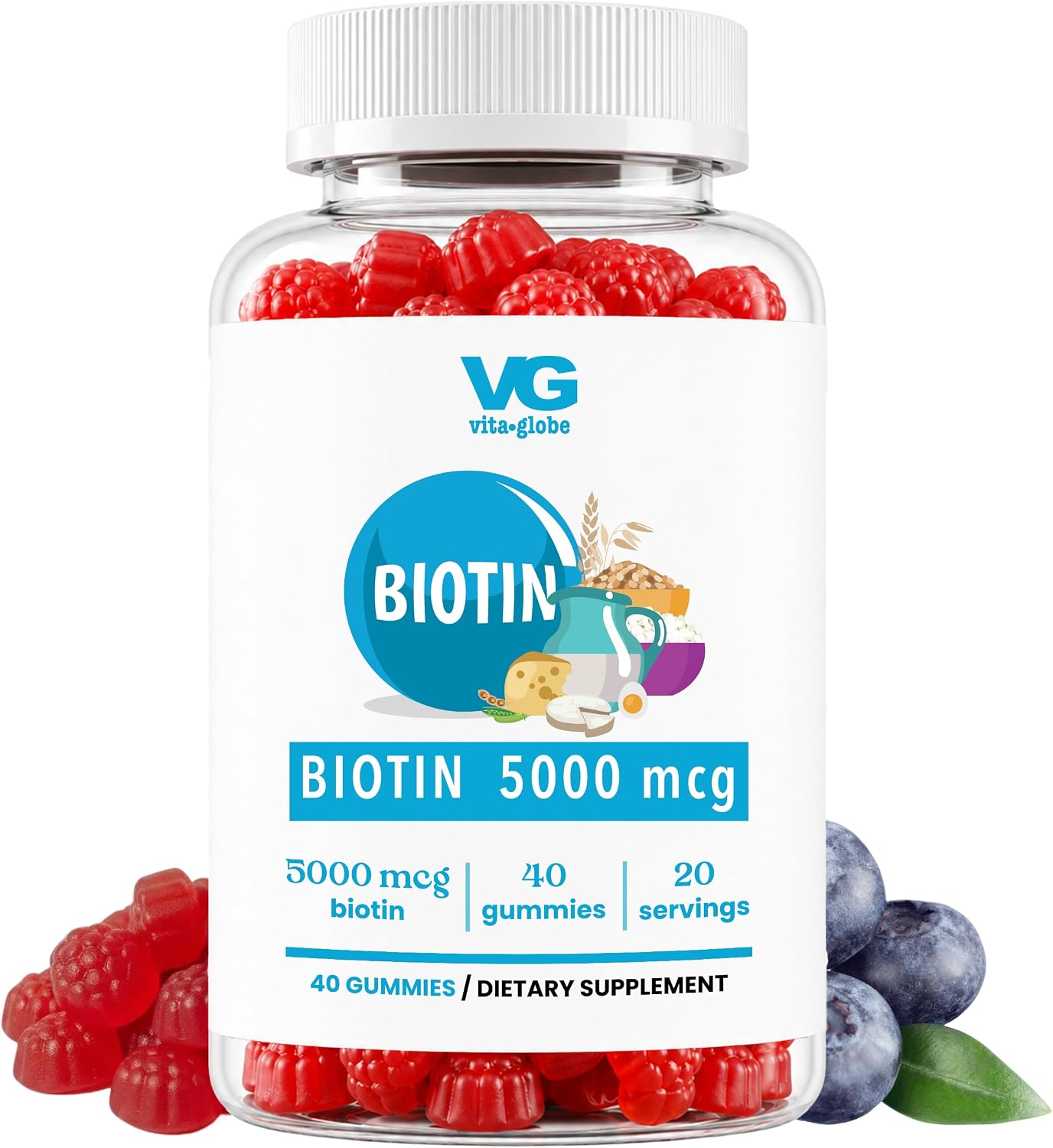 VITA GLOBE Biotin Gummies 5,000 mcg – Gominolas de Biotina para Cabello, Piel y Uñas – Sabor Bayas Mixtas – Vegano – 40 Unidades