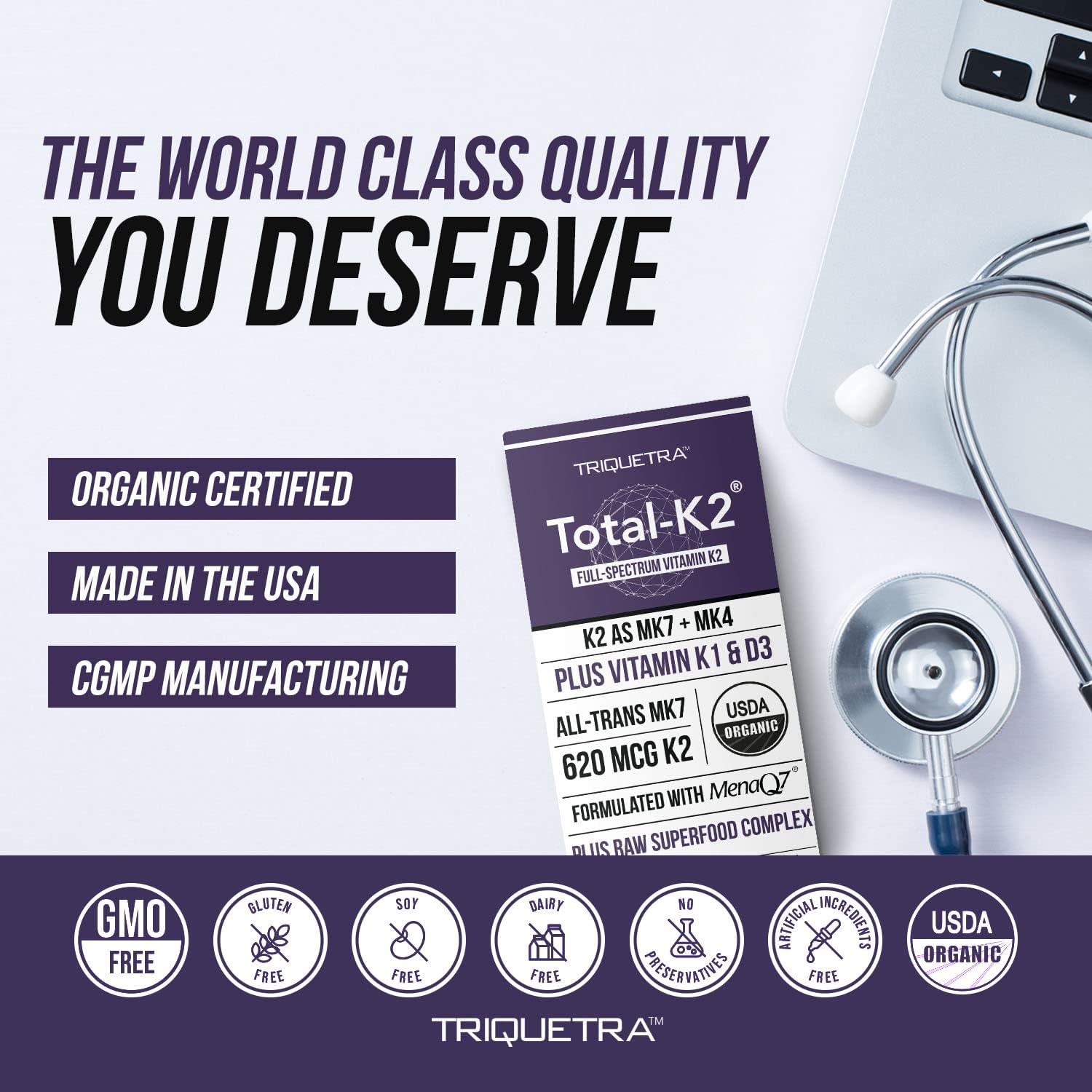 Total K2® | Vitamina K2 como MK7 y MK4 | Más K1 y Cofactor de Vitamina D3 – 620 mcg de K2 por Dosis – All-Trans MK7 de MenaQ7® – Vitamina K de Espectro Completo – Vegano, Certificado Orgánico (60 Cápsulas)