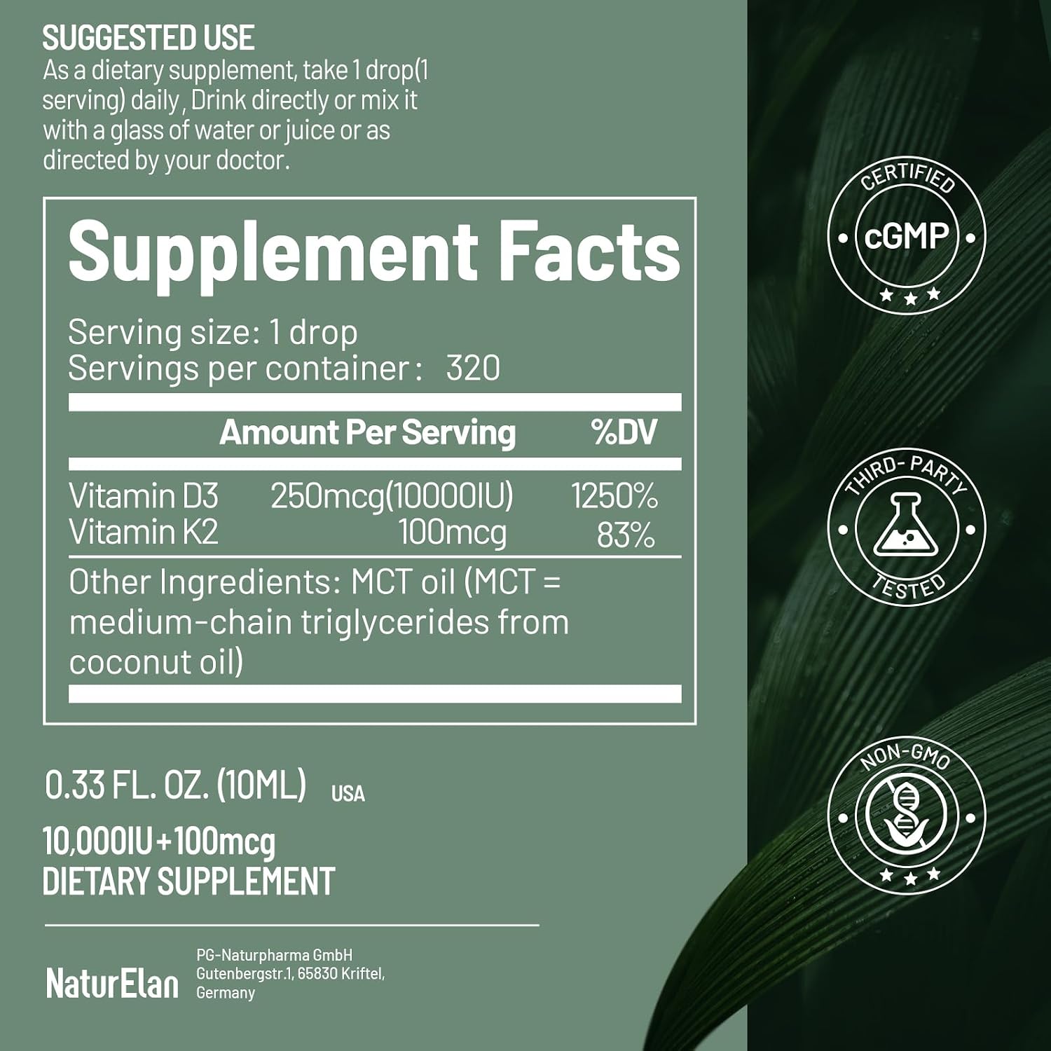 Gotas Orgánicas de Vitamina D3 y K2 con Aceite MCT, 10.000 UI + 100 mcg (MK-7), 320 Dosis