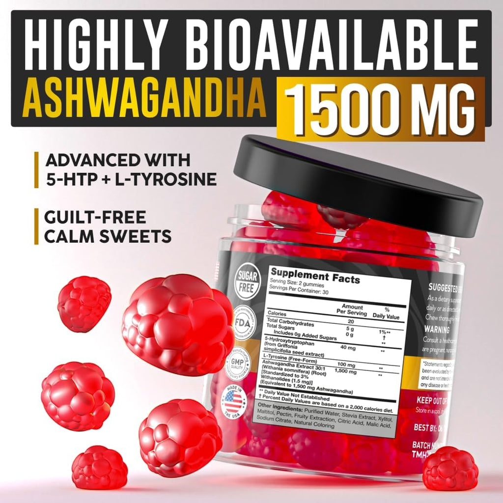 Ashwagandha Gummies para Hombres y Mujeres, Extracto Natural de Raíz de Ashwagandha 1500mg, 60 Gominolas