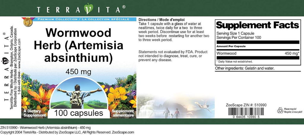 Wormwood Herb (Artemisia Absinthium) - 450 mg, 100 Capsules