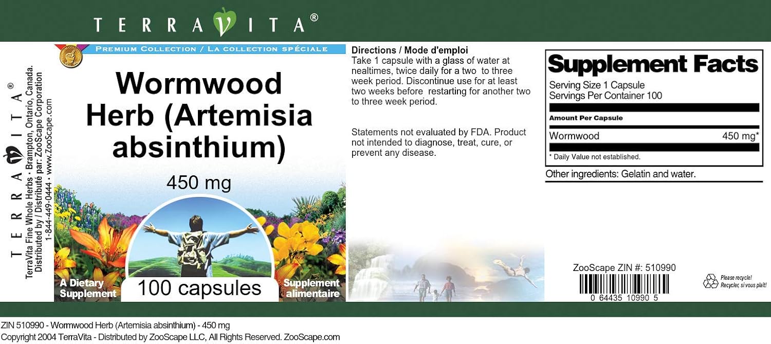 Wormwood Herb (Artemisia Absinthium) - 450 mg, 100 Capsules
