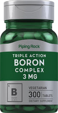 Piping Rock Boro Suplemento | 3 mg | 300 Comprimidos | Triple Complejo (Glicinato, Aspartato, Citrato) | Vegetariano, No Transgénico, Sin Gluten