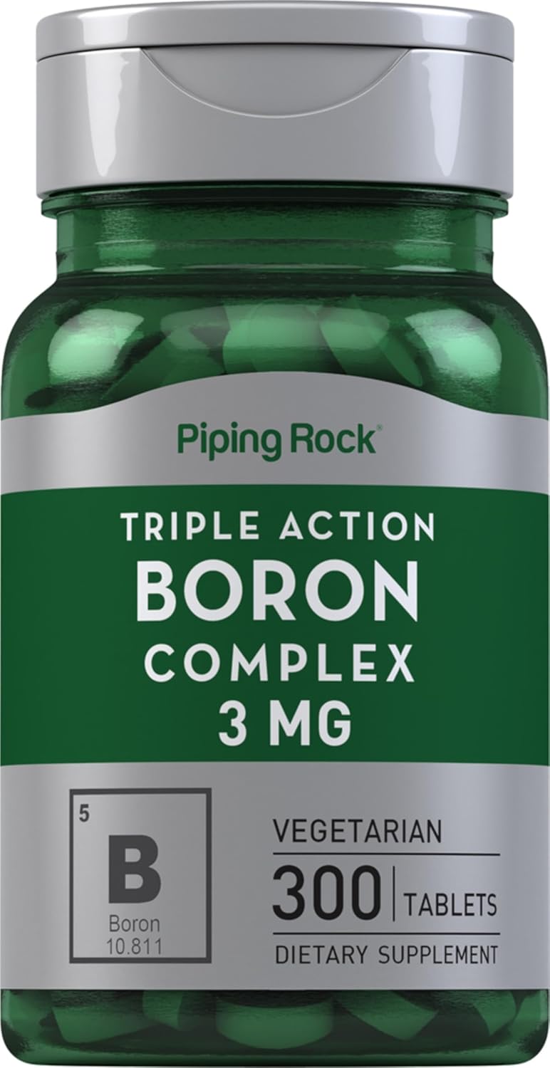 Piping Rock Boro Suplemento | 3 mg | 300 Comprimidos | Triple Complejo (Glicinato, Aspartato, Citrato) | Vegetariano, No Transgénico, Sin Gluten