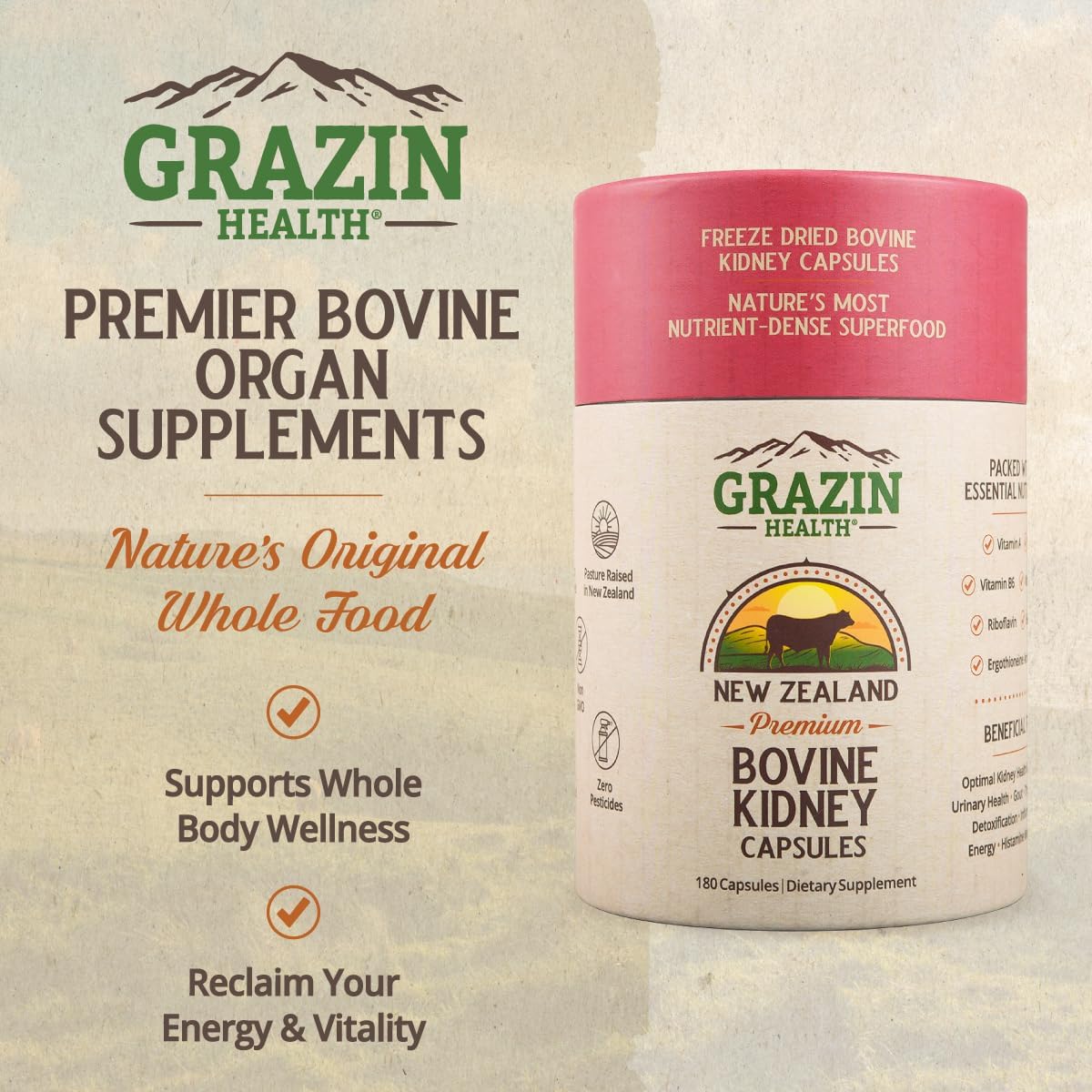 GRAZIN HEALTH Cápsulas de Riñón Bovino 3000mg | Suplemento de Órganos de Pastoreo