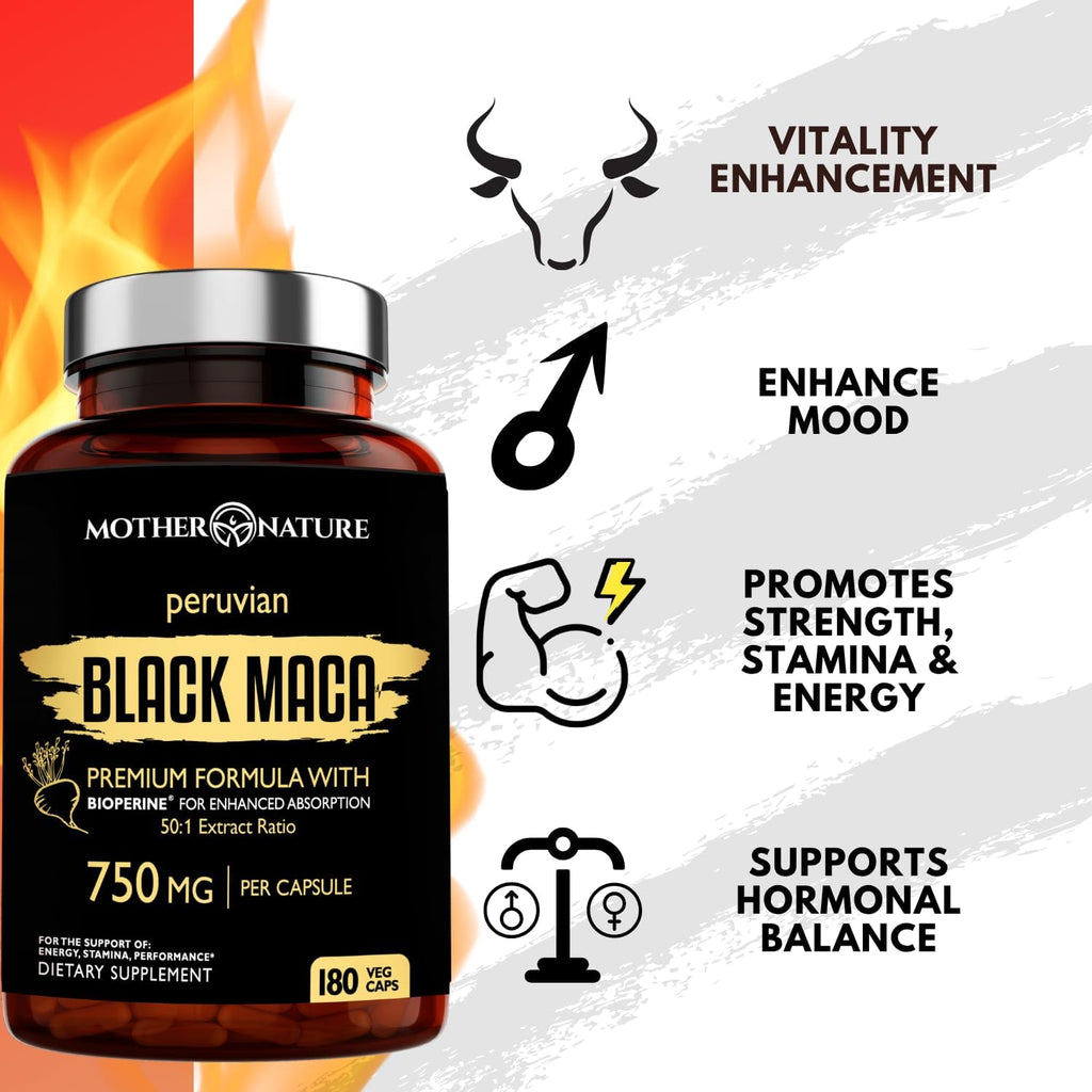MNO Maca Negra Orgánica 750mg + BioPerine, 180 Cápsulas