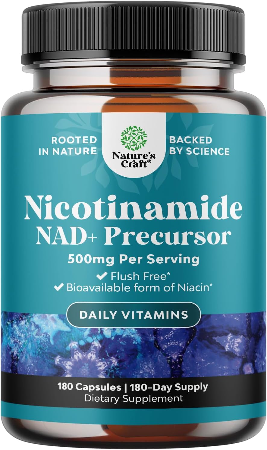 Vitamina B3 Niacinamida 500mg Cápsulas - Suplemento Energético y para la Piel - Nicotinamida Sin Flush - 180 Cápsulas