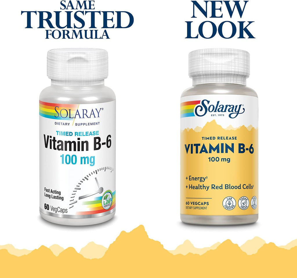 SOLARAY Vitamin B6 100mg - Pyridoxine HCl - Sustained Release - Vegan - 60 Capsules