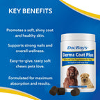 Suplemento Doc Roy's Derma Coat Plus para perros, apoya la piel, el pelaje y las uñas saludables, con ácidos grasos Omega 3-6-9, biotina y antioxidantes, 60 unidades para perros medianos y grandes