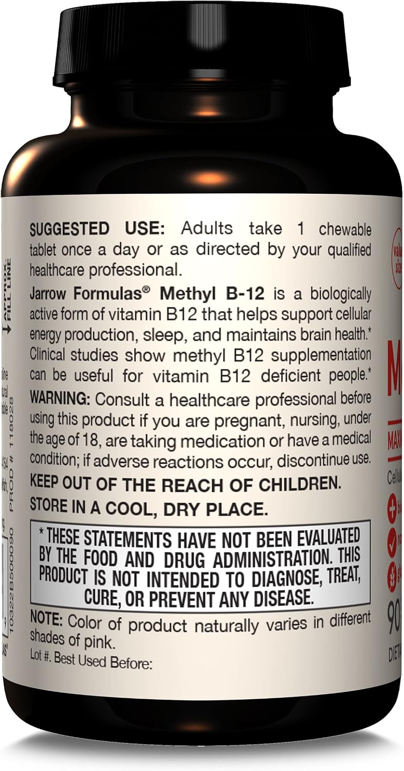 Jarrow Formulas Vitamina B12 5000 mcg - Metilcobalamina Activa, 90 Comprimidos Masticables Sabor Cereza