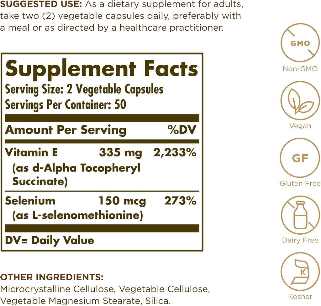 Solgar Dry Vitamin E with Yeast-Free Selenium - 100 Vegetable Capsules
