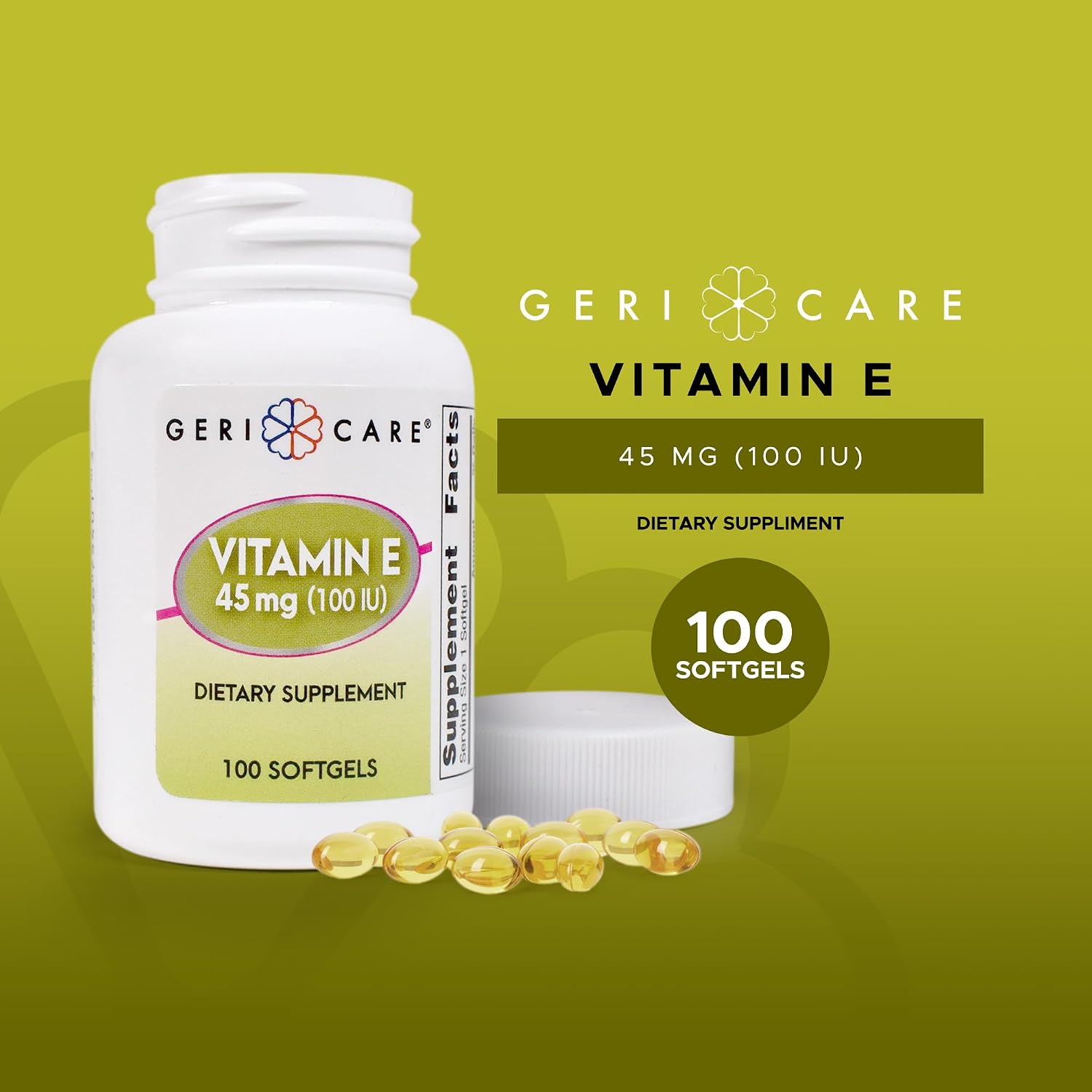 GeriCare High-Potency Vitamin E Capsules – 100 IU for Skin & Immune Support, 45mg | 100 Count | Organic Vitamin E for Women and Men