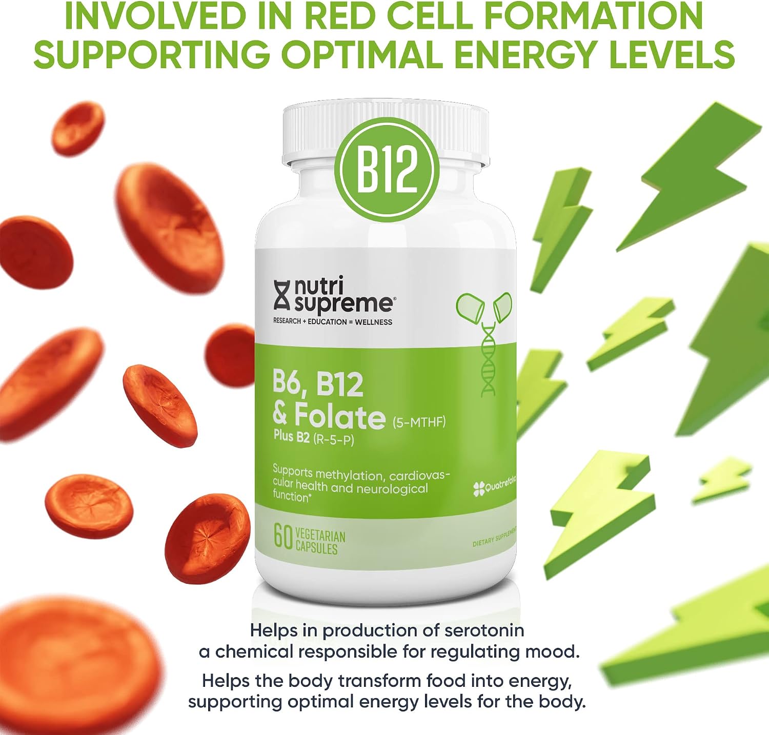 Nutri Supreme, Folato con B6 y B12, Ayuda a Mantener Niveles Normales de Homocisteína y Salud Cardiovascular, 60 Comprimidos, Certificado Kosher