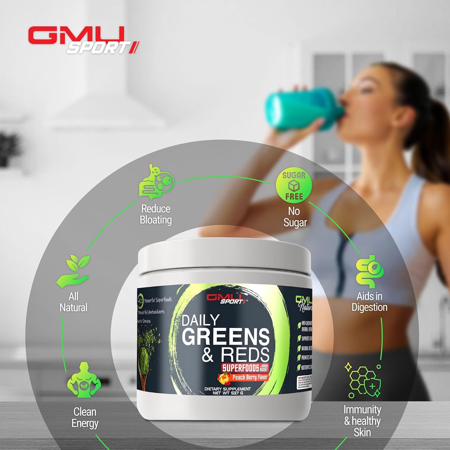 Daily Greens and Reds - Super Greens Powder con Probióticos y Adaptógenos (Peach Berry)