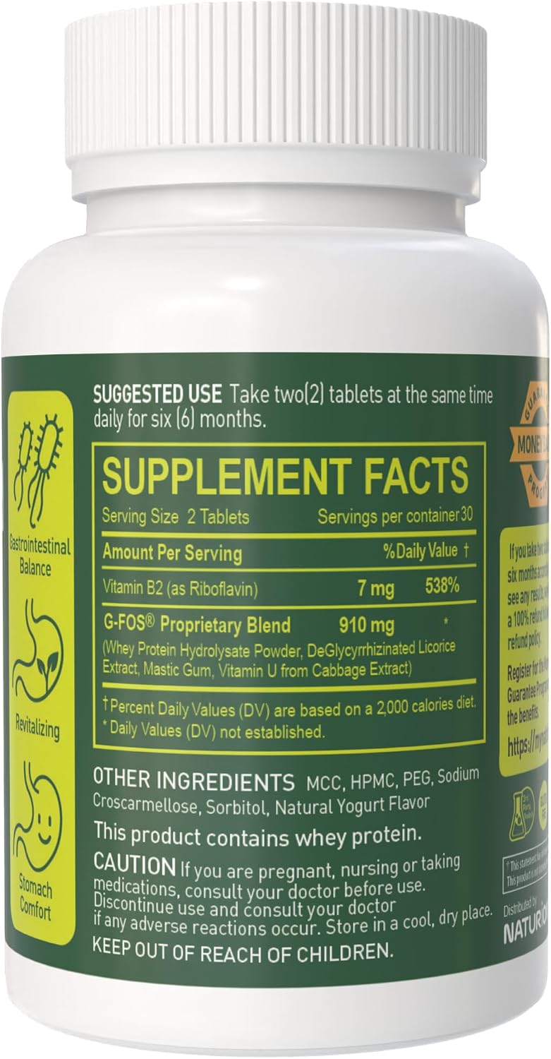 NATURION H. Pylori Support - Suplemento para la Salud Digestiva con Mezcla G-FOS, Proteína de Suero, Regaliz, Mastic, Vitamina U y Vitamina B2 - Confort Estomacal y Equilibrio Intestinal - 60 Comprimidos, 30 Días