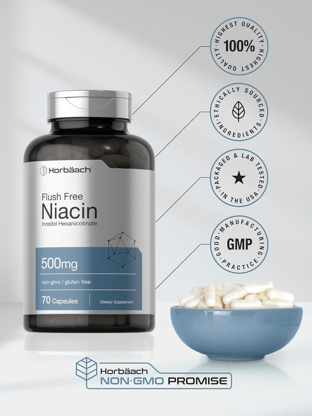 Horbaach Niacina 500mg Sin Enrojecimiento | 70 Cápsulas | Vitamina B3 Inositol Hexanicotinato | Sin OMG y Sin Gluten