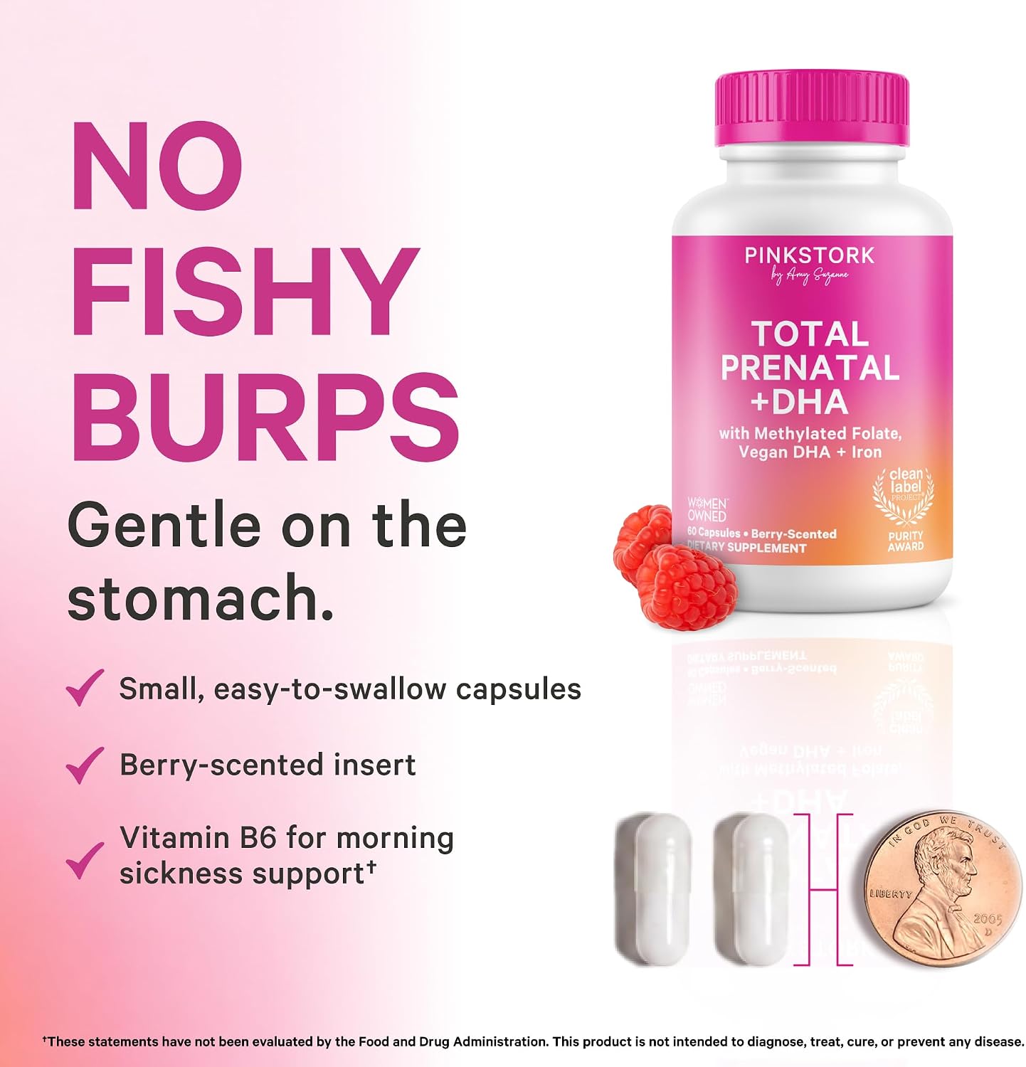Pink Stork Total Prenatal - Vitaminas Prenatales con DHA Vegano, Folato Metilado y Hierro, 60 Cápsulas