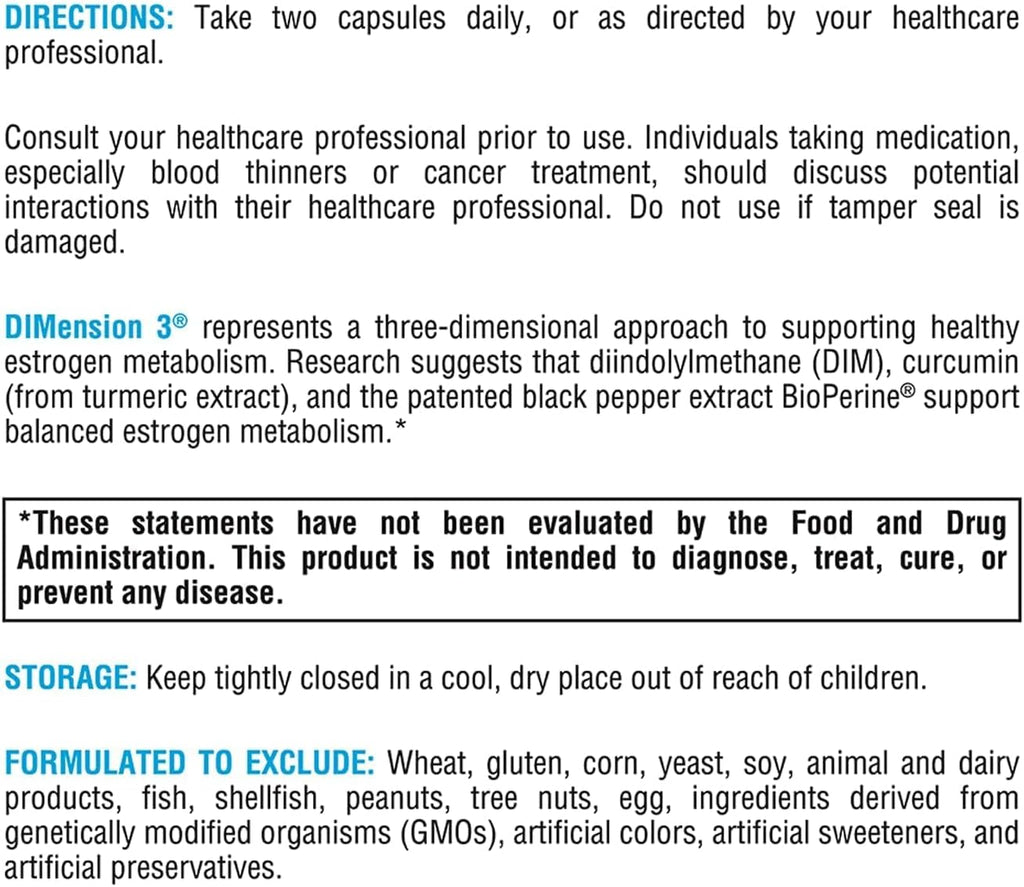 XYMOGEN Dimension 3 - DIM Suplemento para el Equilibrio Hormonal y Apoyo al Metabolismo de Estrógenos - con Curcumina y BioPerine - Sin Gluten - 240 Cápsulas