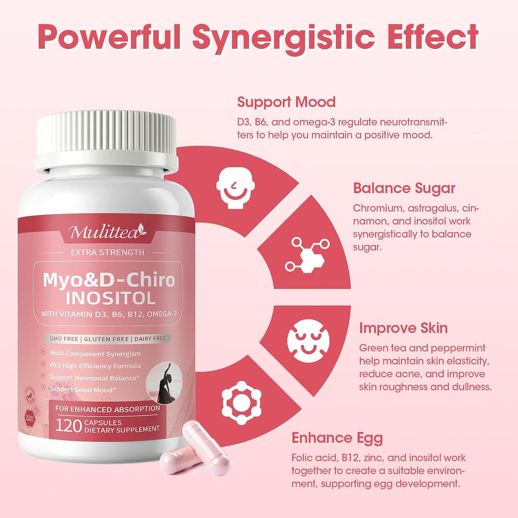 Myo-Inositol y D-Chiro Inositol para Mujeres, 14-en-1 Inositol Liposomal con Ácido Fólico, Omega-3 y Multivitaminas, 120 Cápsulas Veganas