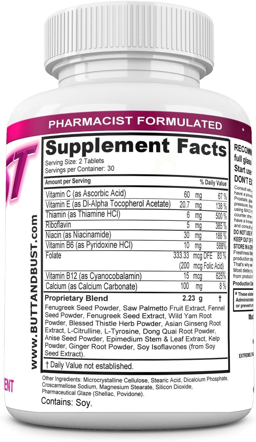 Pastillas para Glúteos y Busto - 60 Comprimidos (Doble Potencia, 2640 mg) - Extremely Naturals