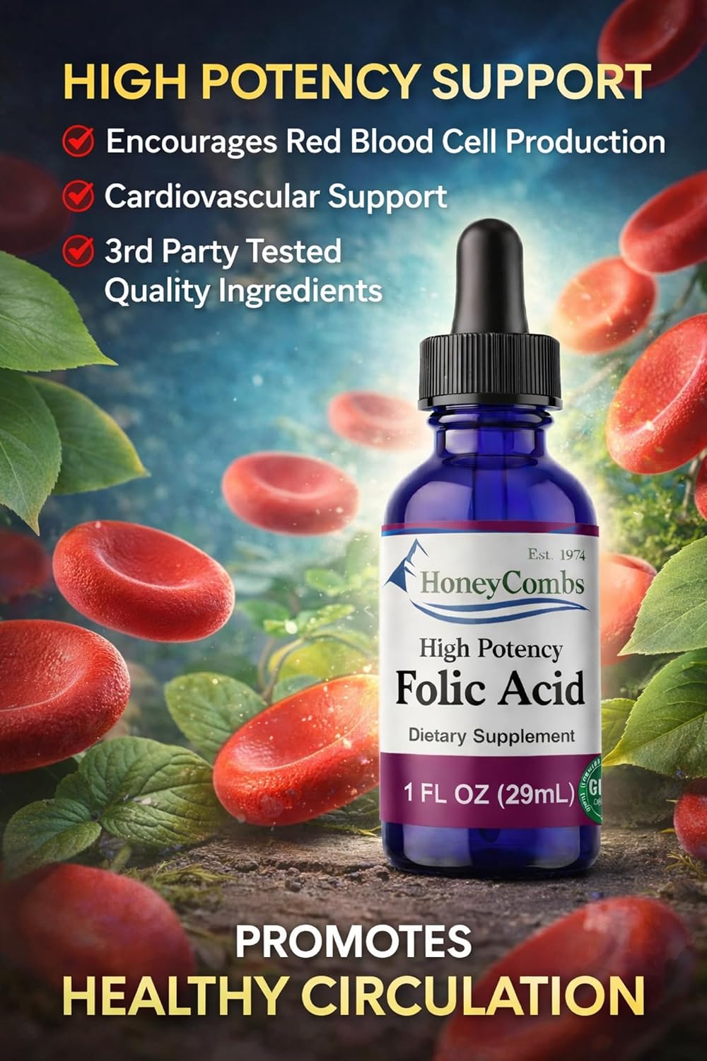 HoneyCombs Gotas de Vitamina B9 (Ácido Fólico) – Suplemento Líquido de Folato, 30 ml