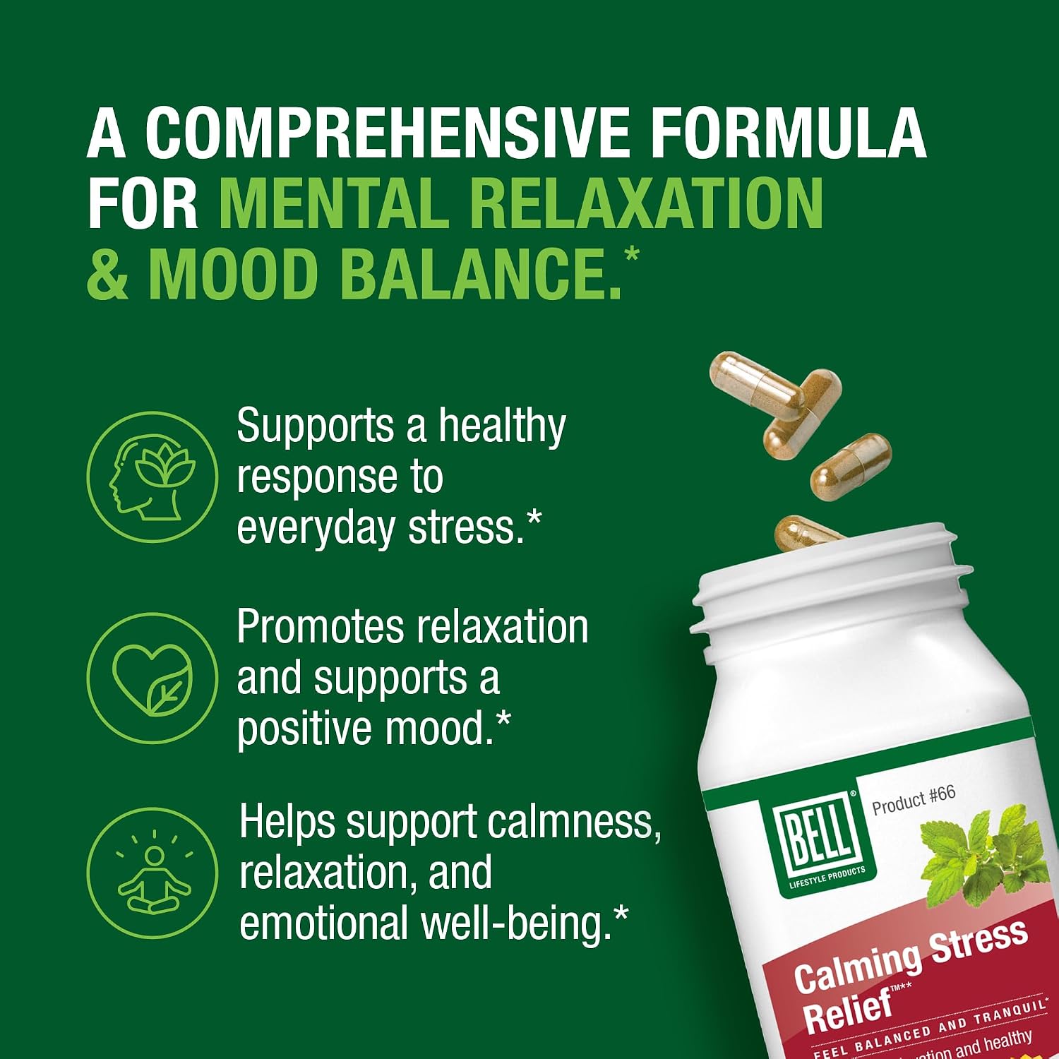 Bell Lifestyle Calming Stress Relief - Mezcla herbal con 5-HTP y GABA para el estrés y la relajación, 60 cápsulas veganas