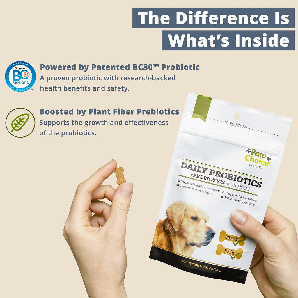 Paw Choice Probióticos para Perros con Prebióticos - Masticables Diarios para la Salud Intestinal, Digestión, Regularidad y Apoyo Inmunológico - Suplemento Natural en Forma de Golosina Hecho en EE. UU.
