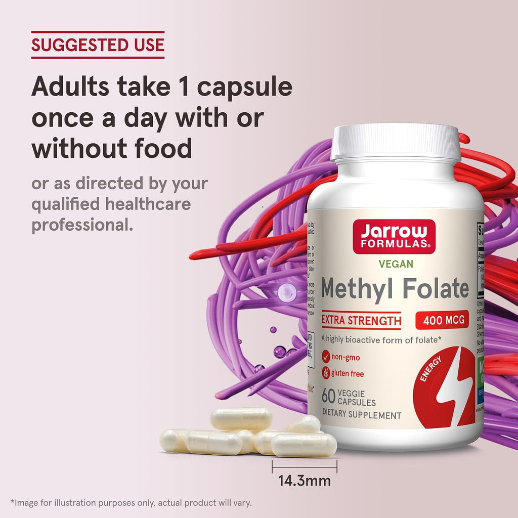 Jarrow Formulas Folato Metilado de Alta Potencia 400 mcg - Metilfolato Activo (5-MTHF), 60 Cápsulas Veganas