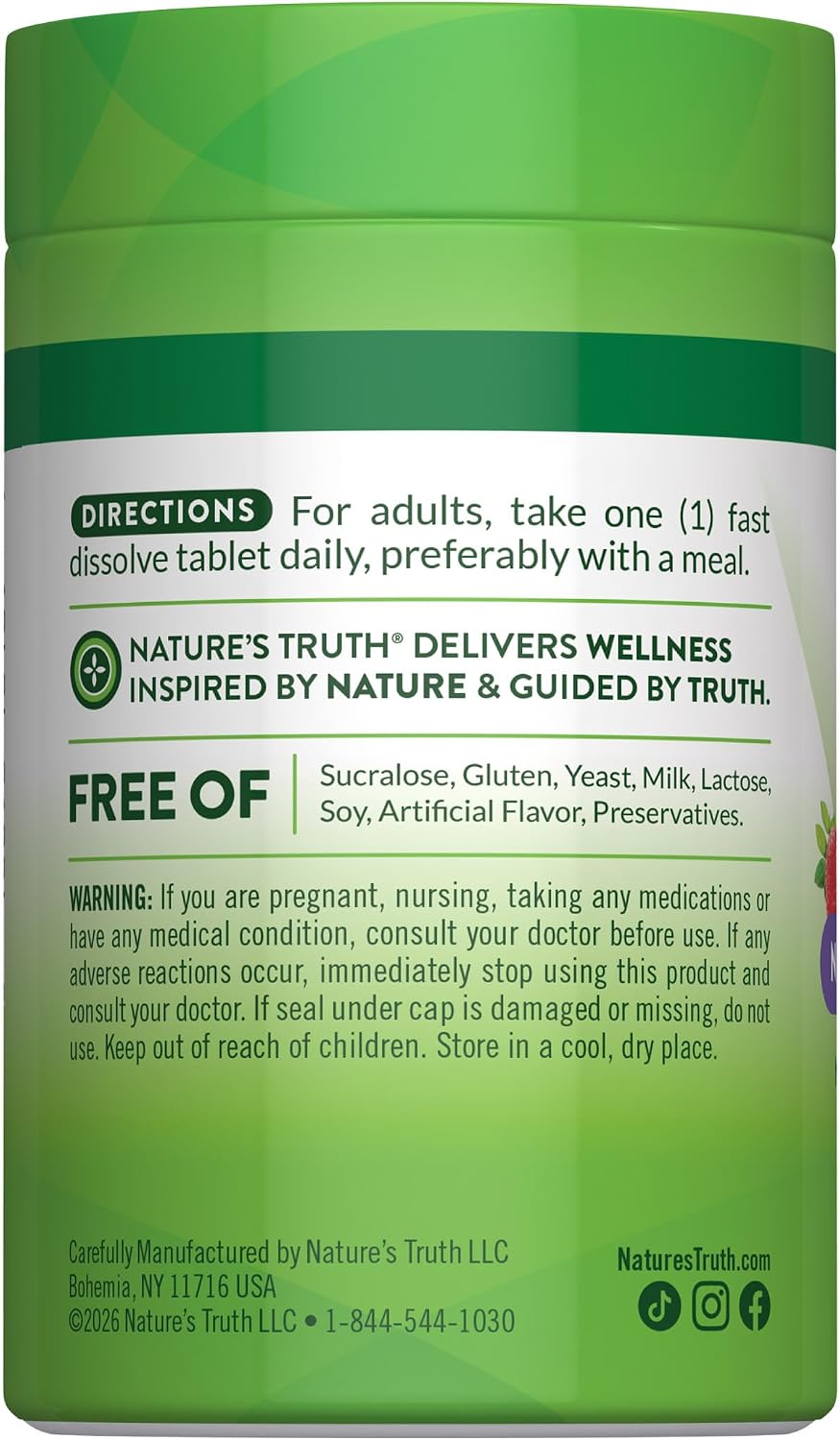 Nature's Truth Vitamina B12 5000 mcg Metilcobalamina - 60 Tabletas de Disolución Rápida Sabor Bayas - Vegano, Sin Gluten