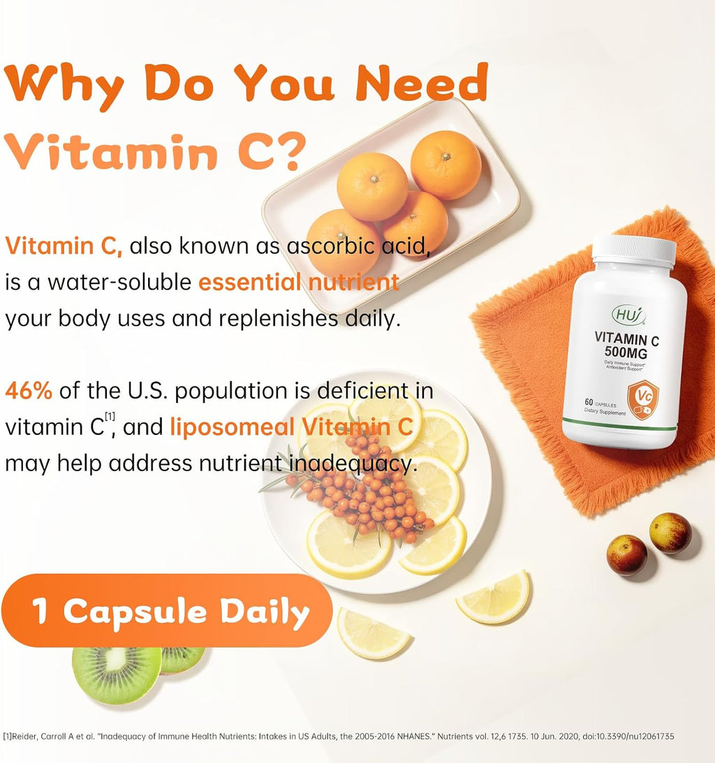 HUJ Vitamina C 500mg, Apoyo Inmunológico y Antioxidante, 60 Cápsulas