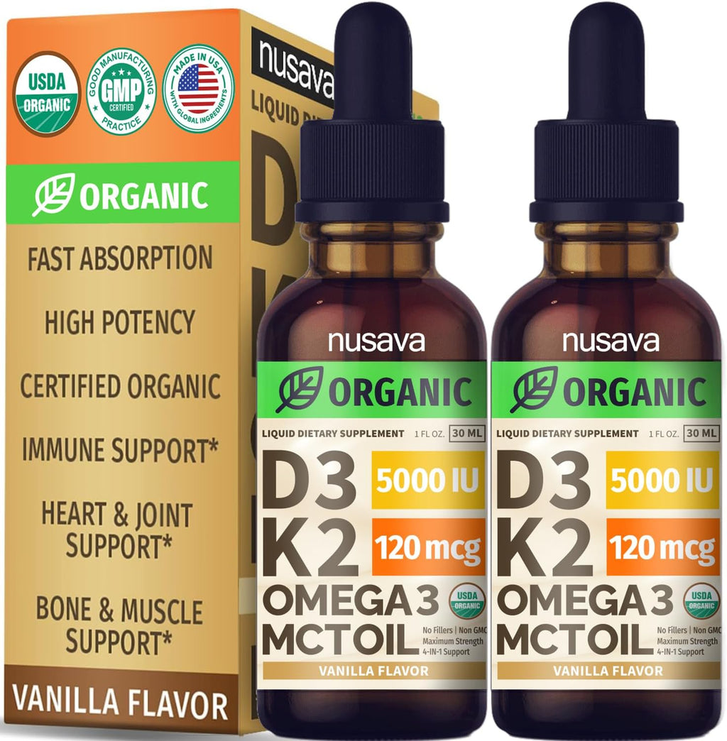 Gotas Orgánicas de Vitamina D3 K2 con Omega 3 - Pack de 2 - 5000 UI - Vainilla