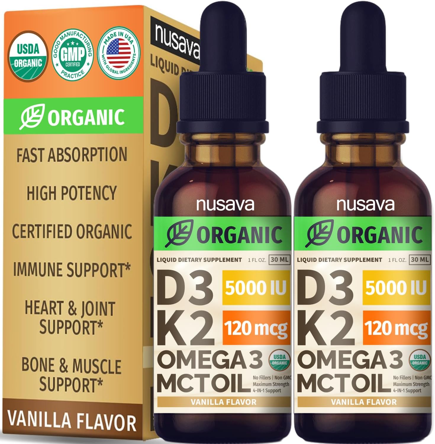 Gotas Orgánicas de Vitamina D3 K2 con Omega 3 - Pack de 2 - 5000 UI - Vainilla