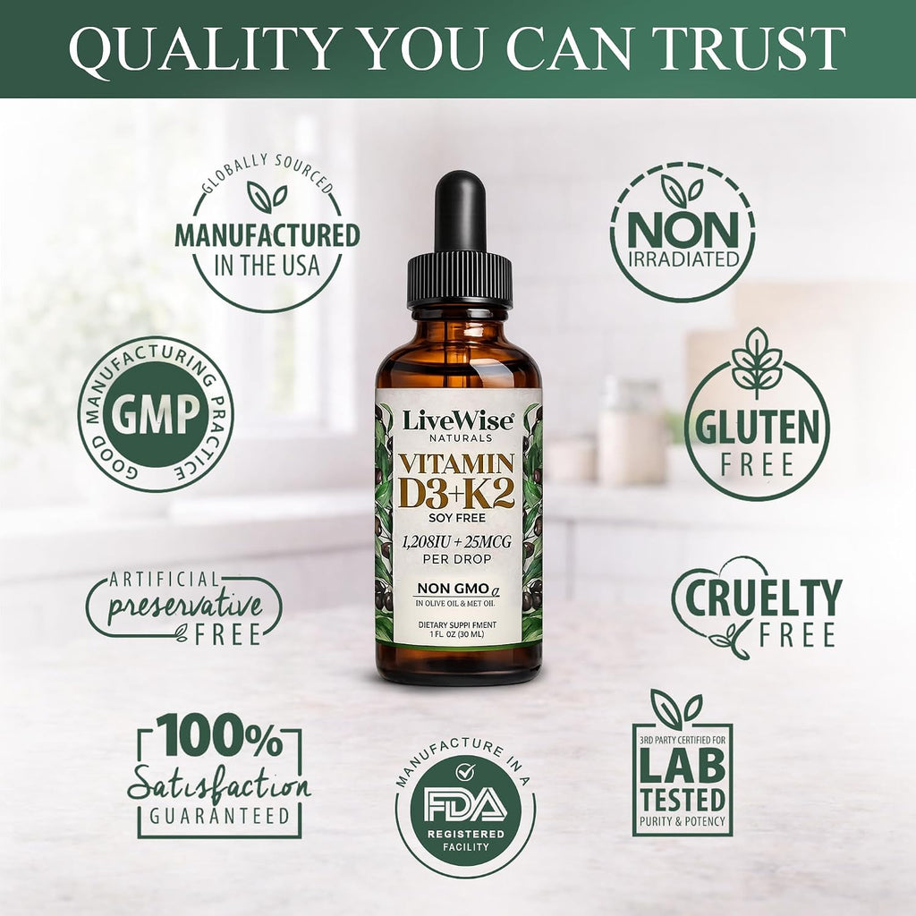 Live Wise Naturals Vitamina D3 K2 Gotas para Adultos, Ultra Concentradas | 930 Gotas, 1208 UI Vitamina D3, 25 mcg (MK-7)