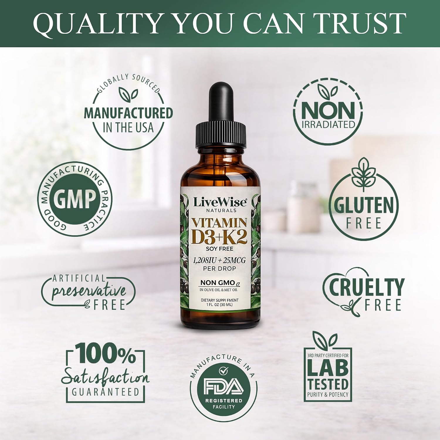 Live Wise Naturals Vitamina D3 K2 Gotas para Adultos, Ultra Concentradas | 930 Gotas, 1208 UI Vitamina D3, 25 mcg (MK-7)