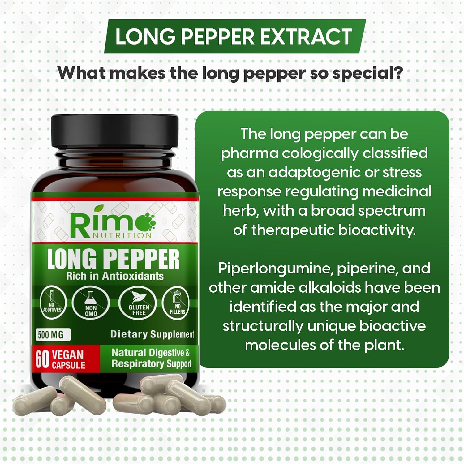 Long Pepper (Pimienta Larga) 60 Cápsulas Veganas – Suplemento Natural con Piperlongumina (500 mg)