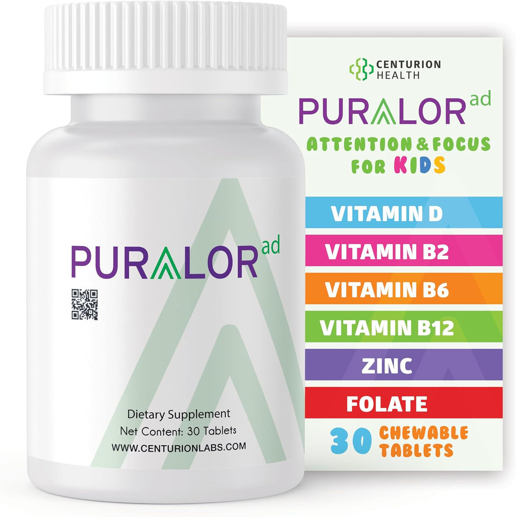 Centurion Premium Puralor AD - Complemento Cognitivo para Niños con Azafrán, Folato, Vitamina C, D y Zinc - 30 Comprimidos Masticables