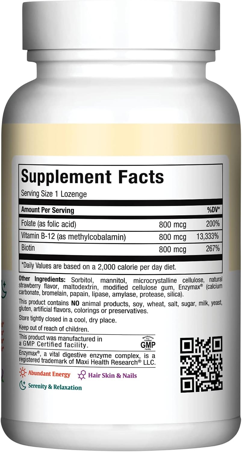 Maxi Health Vitamina B12 con Ácido Fólico y Biotina - 360 Comprimidos Sublinguales Sabor Fresa