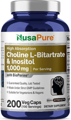 NusaPure Choline & Inositol 1000mg - 200 Cápsulas Vegetales