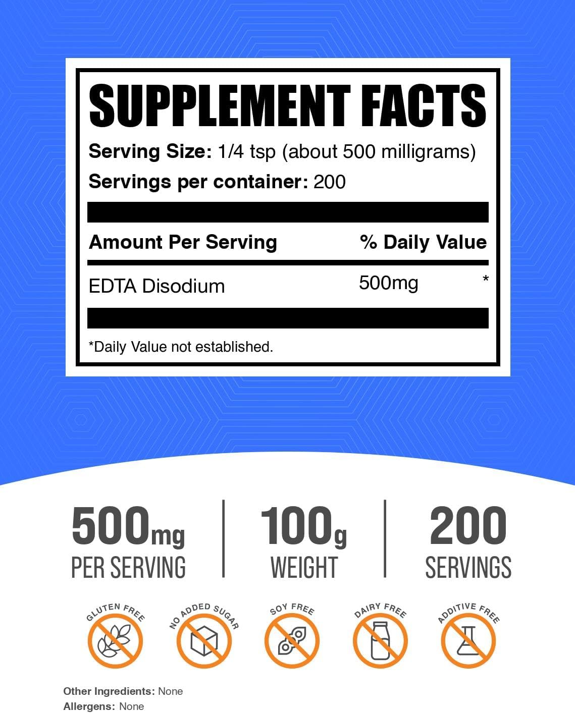 Polvo de EDTA Disódico - Aditivo Alimentario, Puro y Sin Gluten - 100 g (3.5 oz)