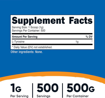 Nutricost L-Tyrosine en Polvo (500g) – Dosaje: 1000 mg por ración (1/2 cucharada aproximadamente), con 500 – Image 2