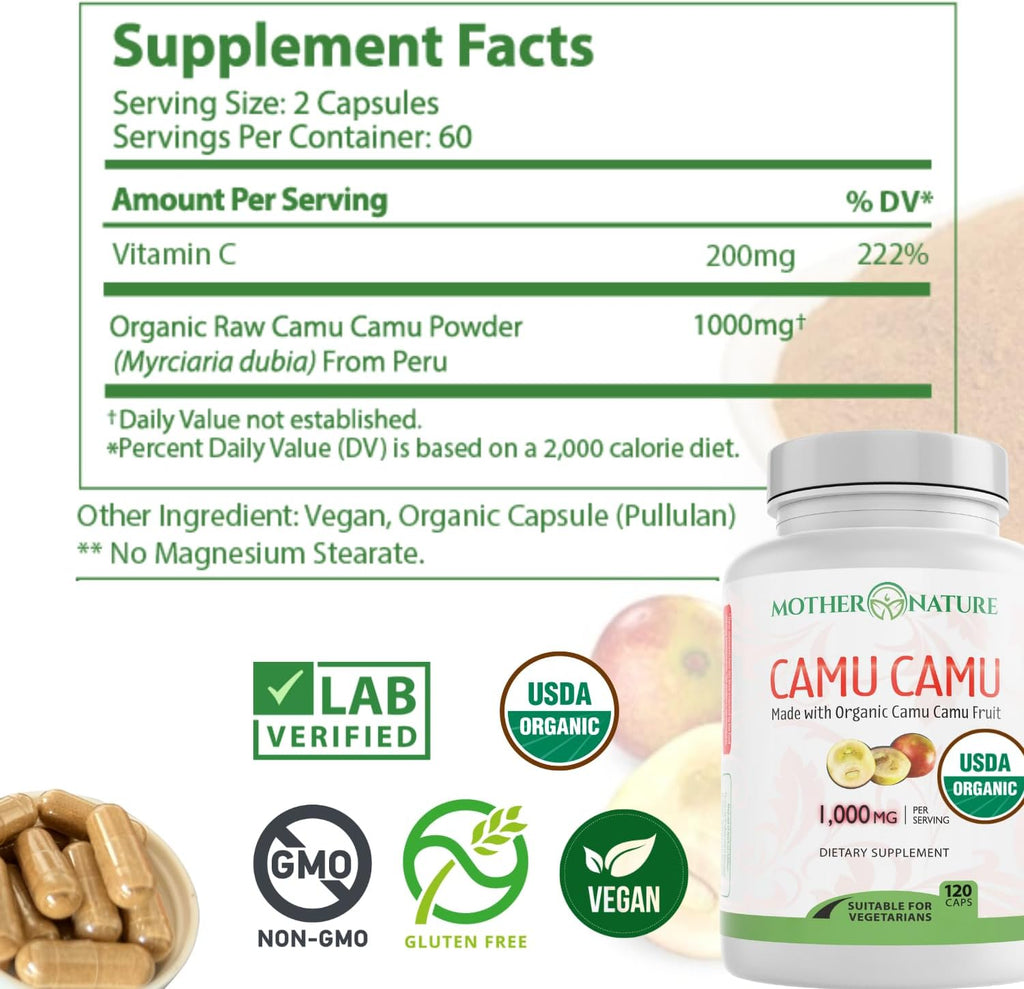 Vitamina C Orgánica de Camu Camu - 1000mg por Ración - 120 Cápsulas