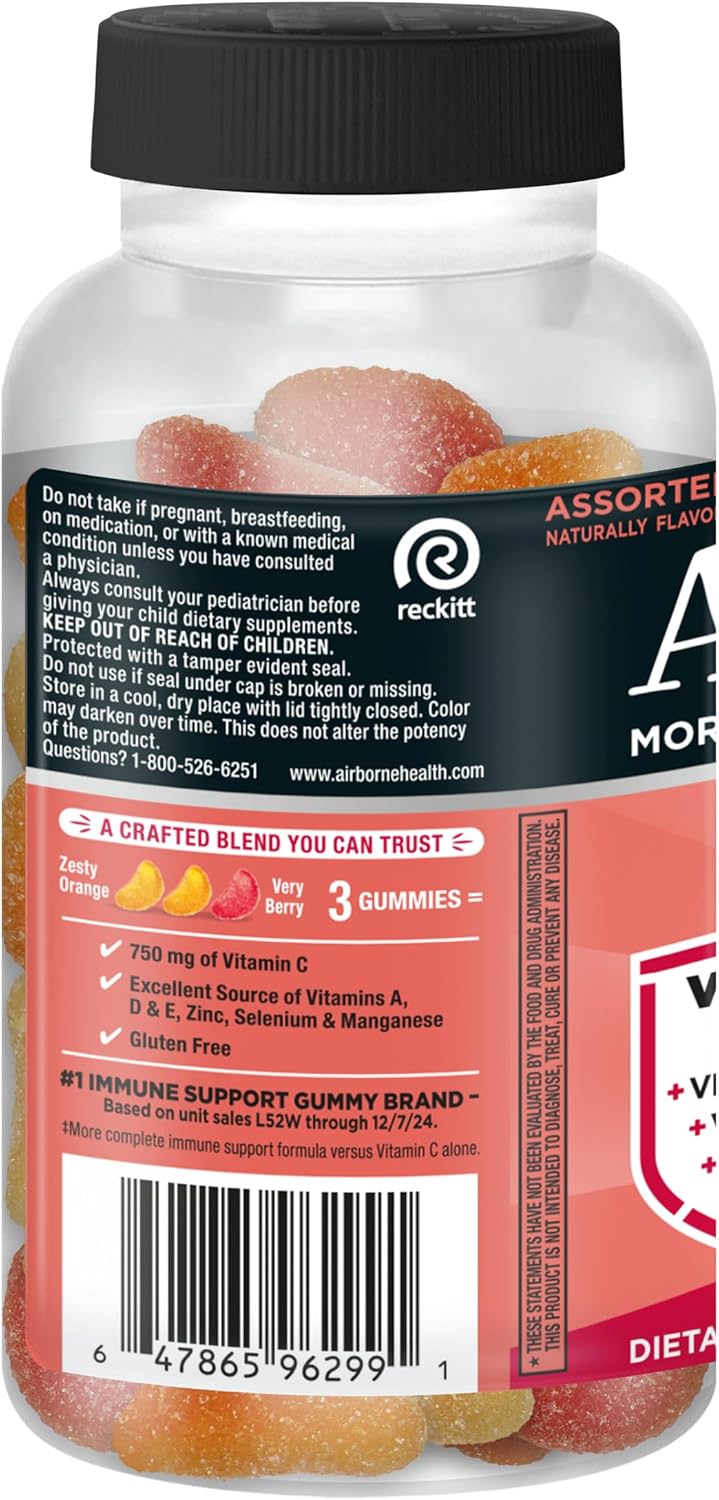 Airborne Gomitas de Apoyo Inmune, Sabor a Frutas Variadas, 63 unidades - 750 mg de Vitamina C con Vitaminas A, D, E, Zinc, Selenio y Manganeso