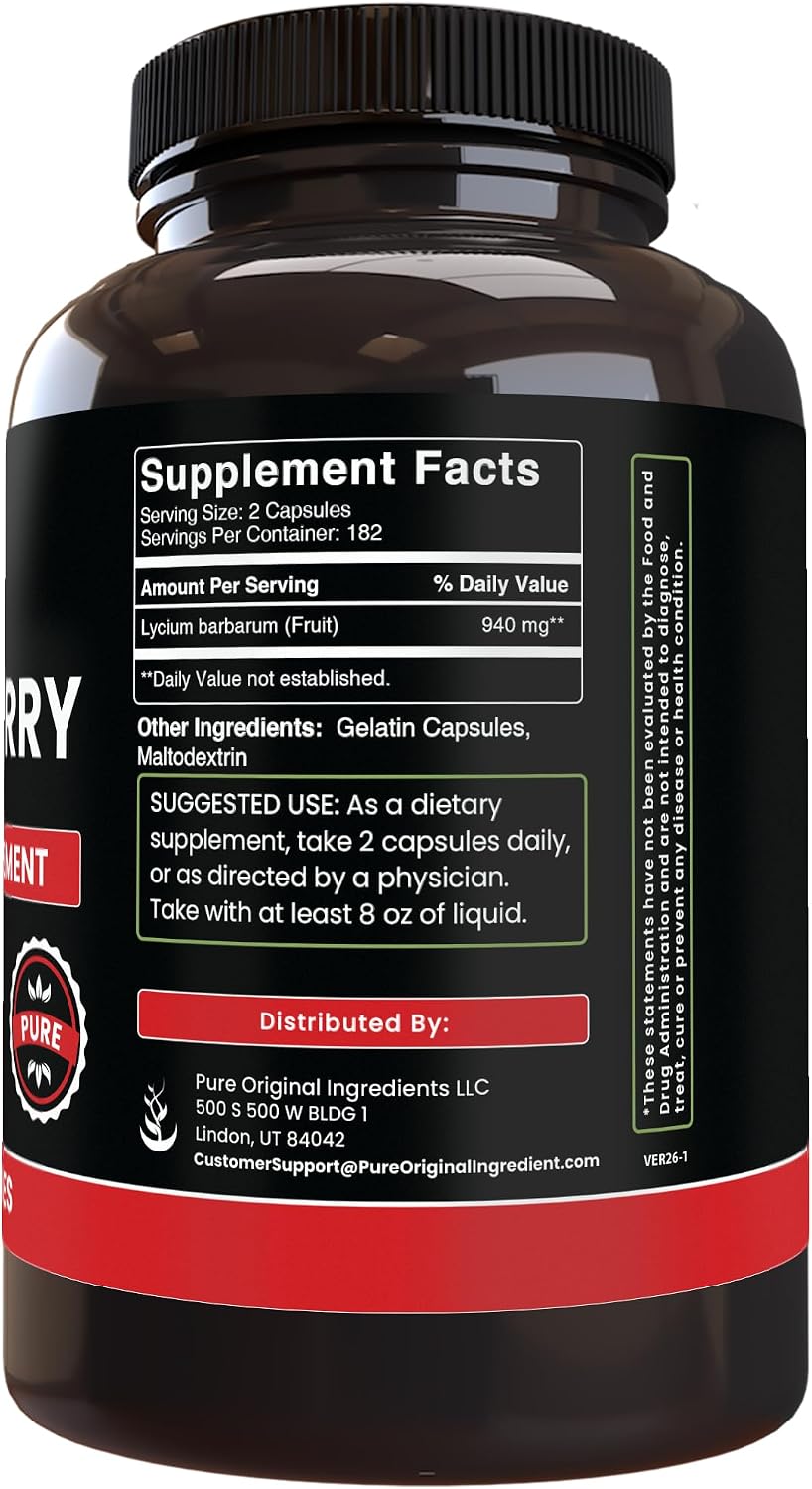 PURE ORIGINAL INGREDIENTS Goji Berry (365 Cápsulas) - Sin Rellenos, Puro, Verificado en Laboratorio