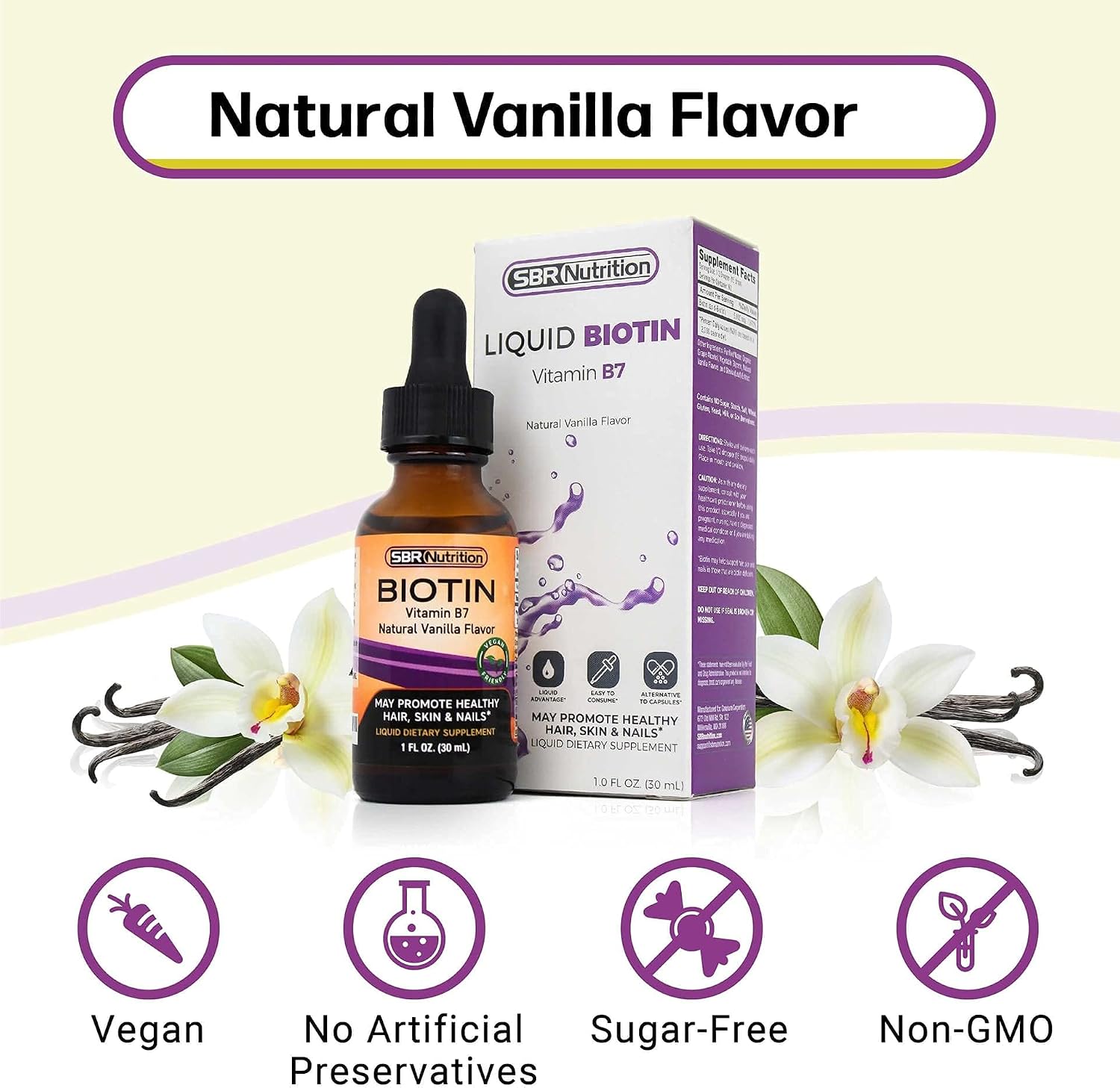 SBR Nutrition Gotas Líquidas de Biotina, 5000mcg por Dosis (60 Dosis) 30ml - Vainilla