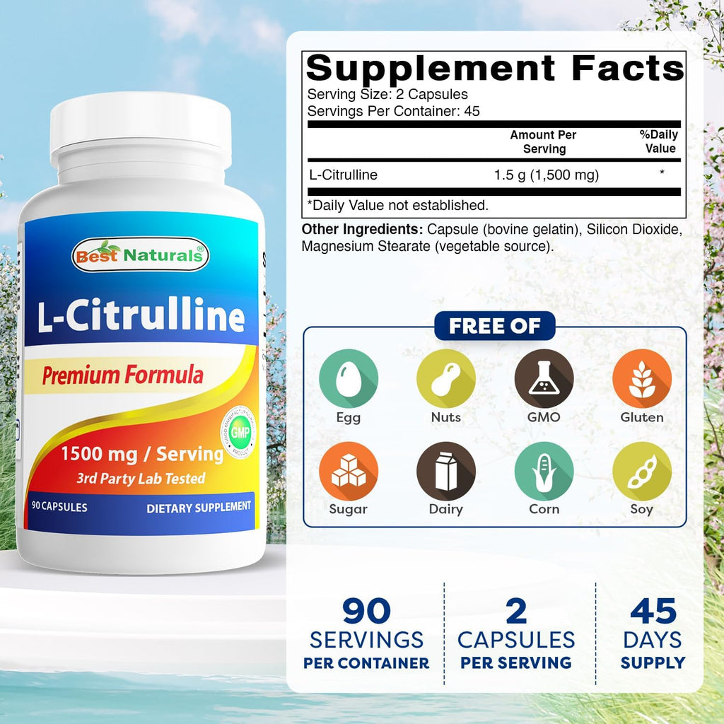 Best Naturals L-Citrulline Cápsulas - 1500mg/ración - No Transgénico - Sin Gluten - 90 Cápsulas