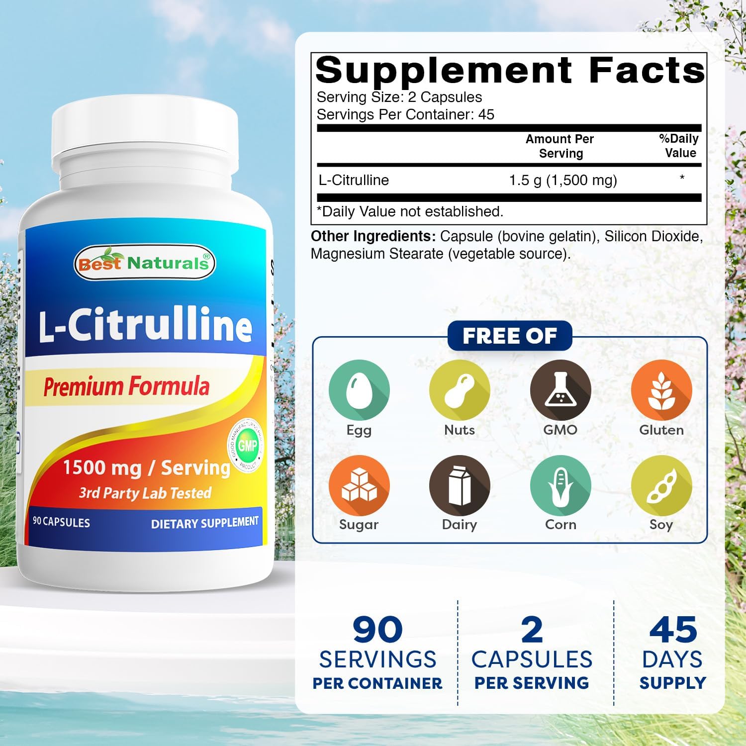 Best Naturals L-Citrulline Cápsulas - 1500mg/ración - No Transgénico - Sin Gluten - 90 Cápsulas